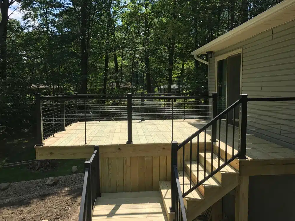 wood deck with black railings