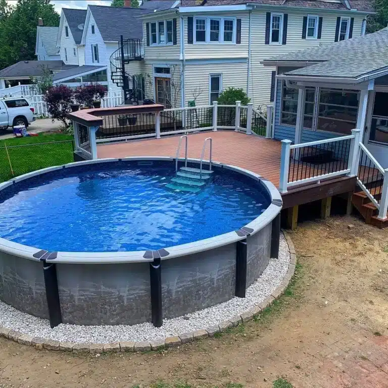 pool above the ground with wooden deck - Pool Deck Builders and contractor in Ohio - Deck accesories