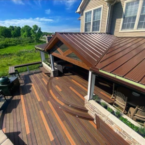Photo of a multi-level deck that includes a curved deck section.
