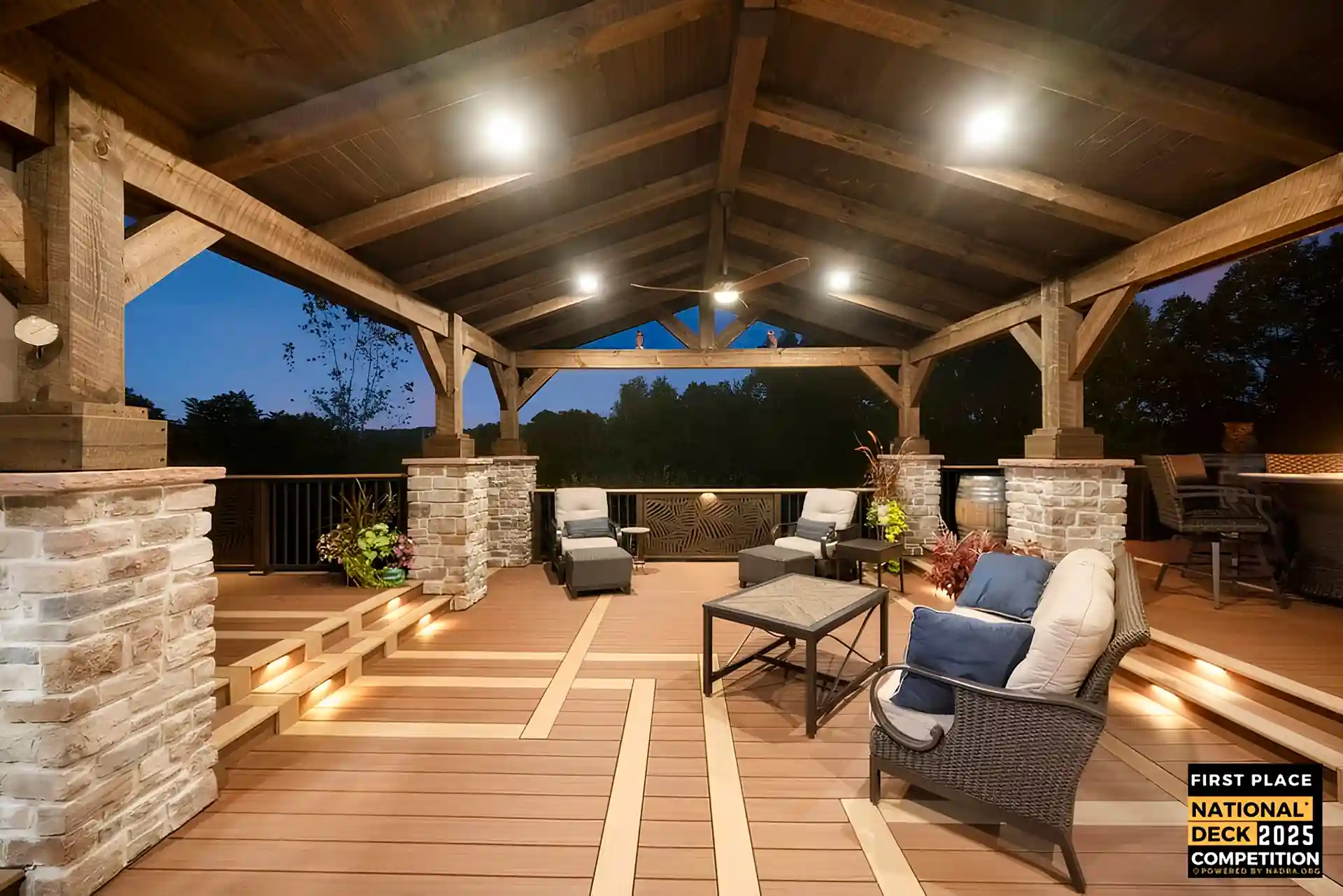 Photo of award-winning deck and open porch design by Hen-House Decks.