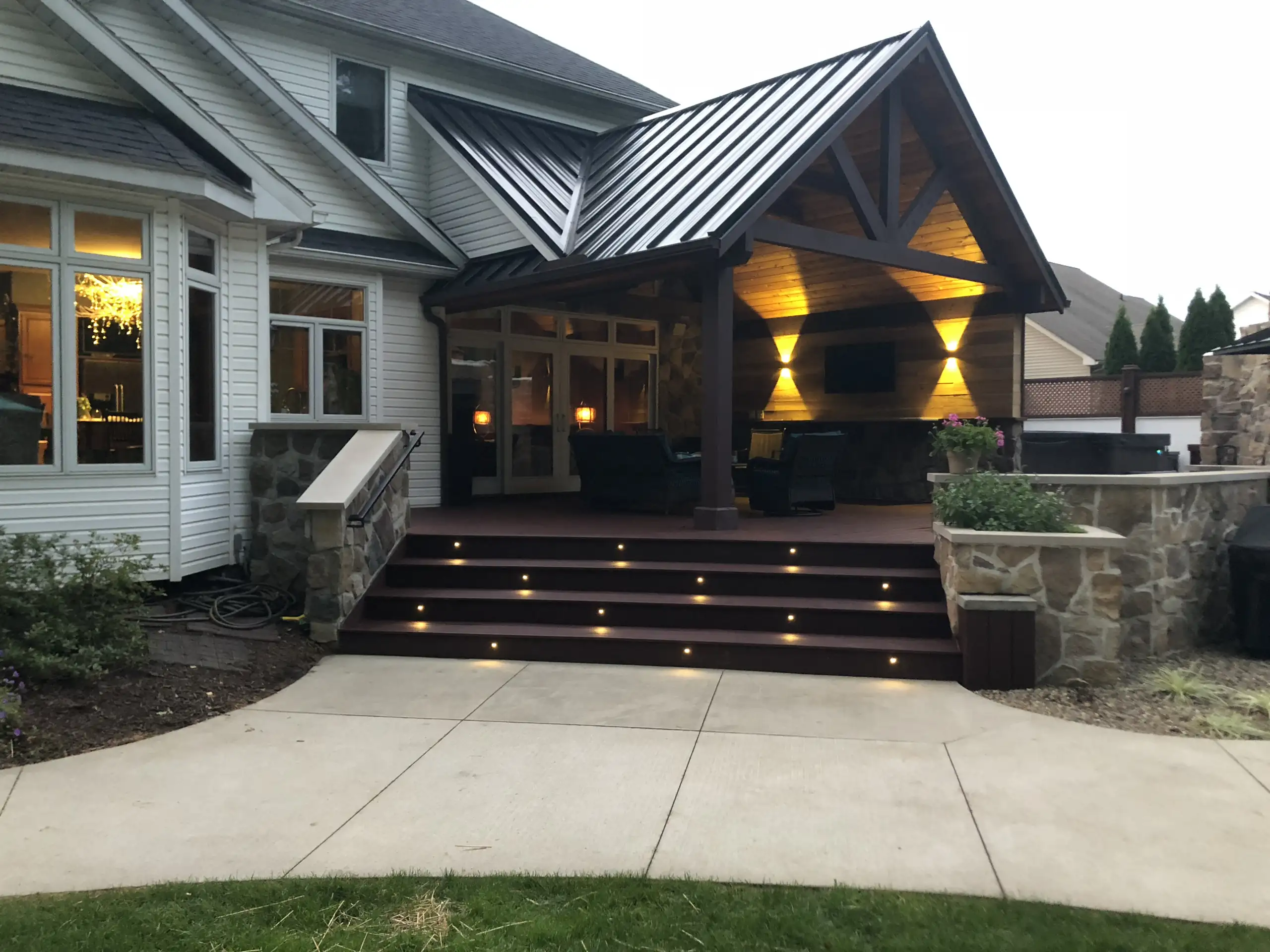 Screened Porch vs Deck: Which Is Right for You? 2 Covered Gable Deck with Metal Roof & LED Step Lighting